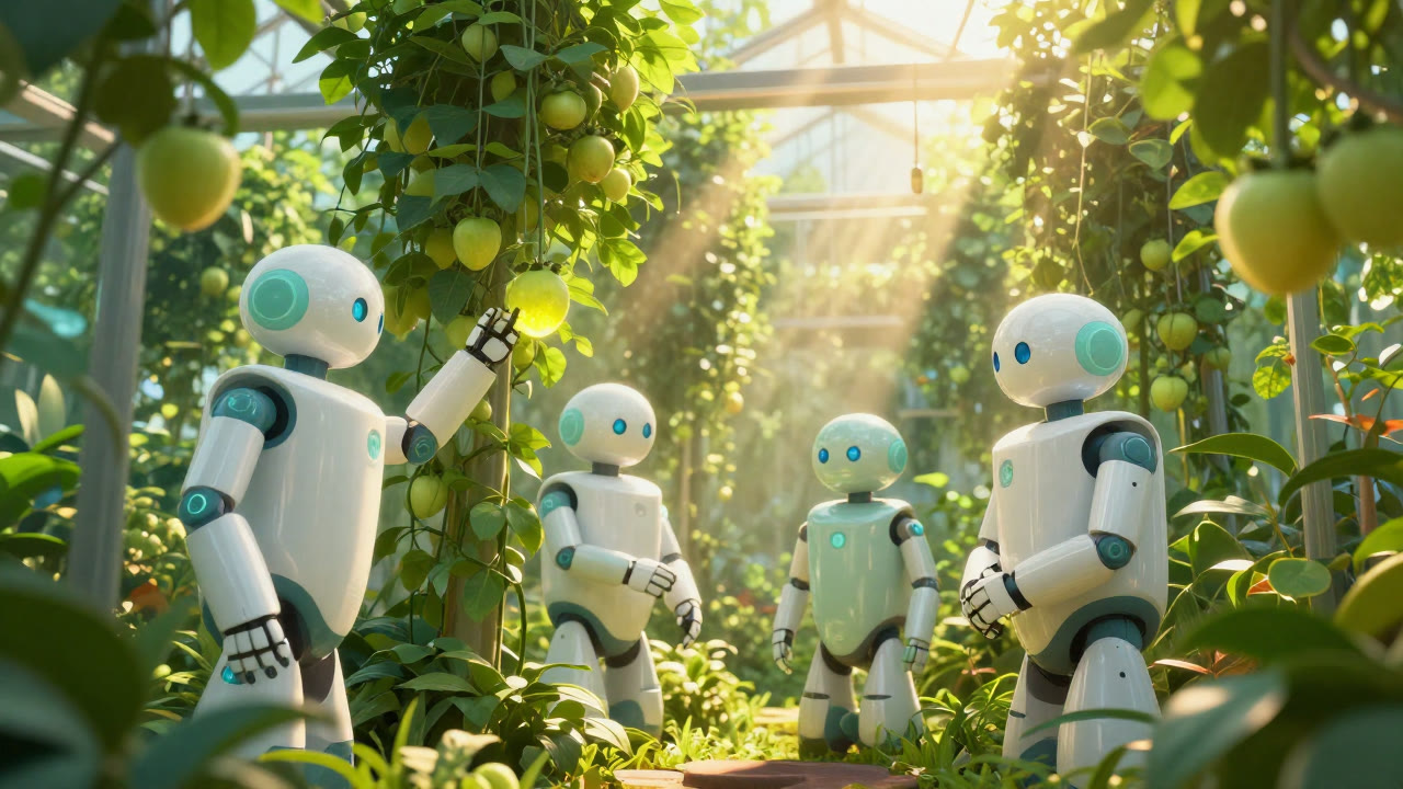 Gardener robots harvesting glowing fruit in a sunlit vertical greenhouse