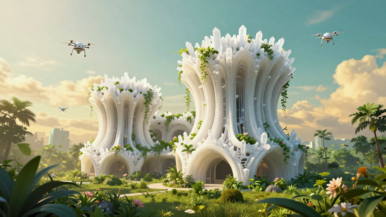 Living architecture growing crystalline filaments that mend its own structure