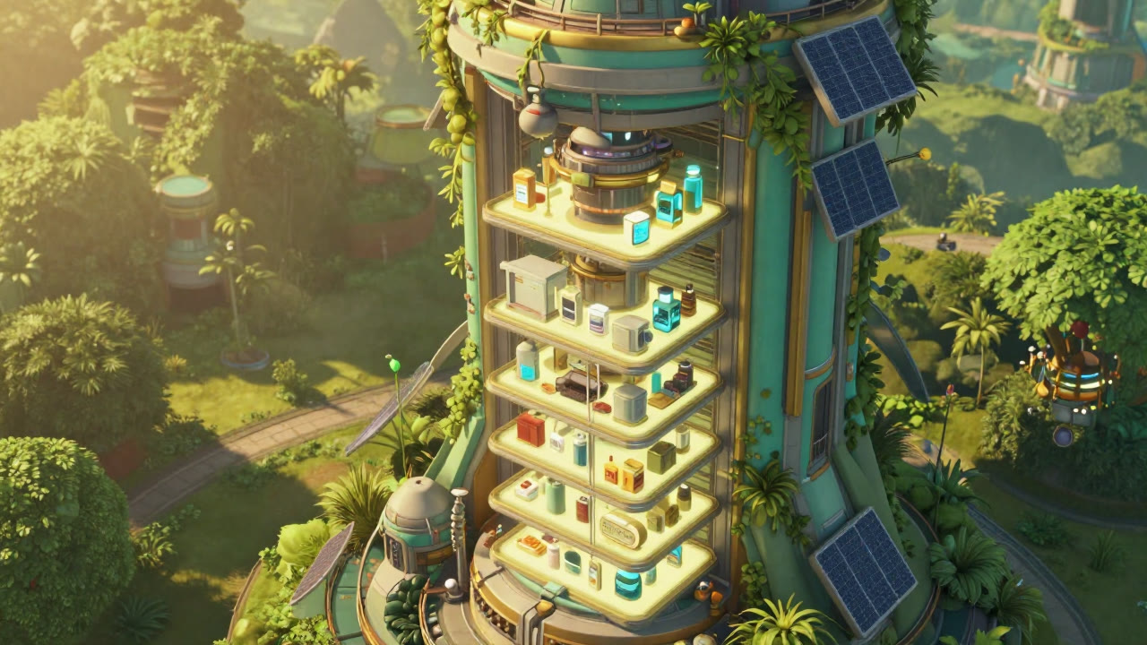 Cutaway of a vertical tower factory, raw materials at the base rising to finished products at the top