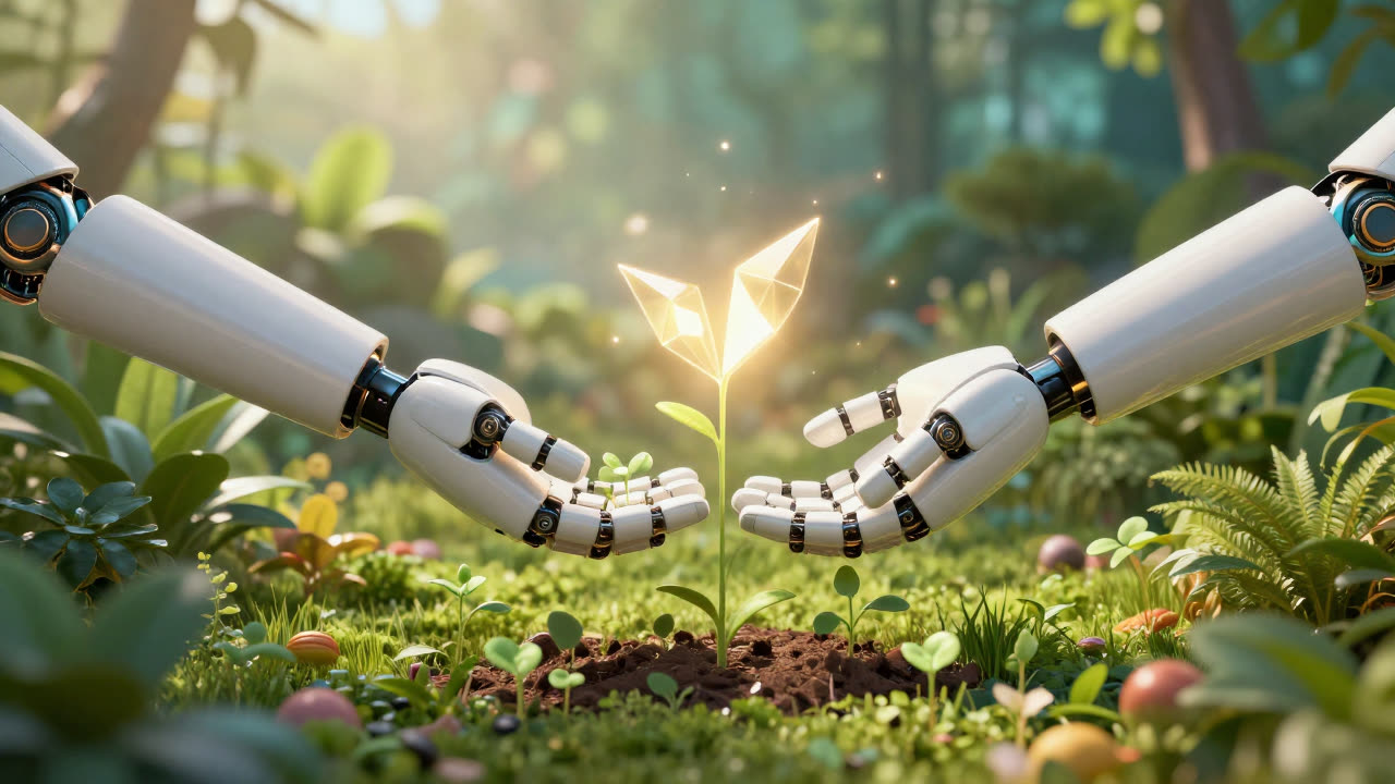 Robotic hands offering glowing seeds of light above a garden